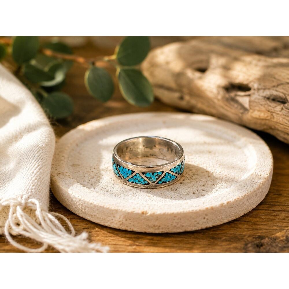 Vintage Sterling Silver Turquoise Inlay Band Ring Southwestern Size 7